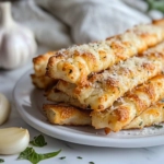 A stack of warm, golden breadsticks on a white plate, sprinkled with Parmesan cheese, displayed on a white marble counter with garlic cloves nearby for ambiance.