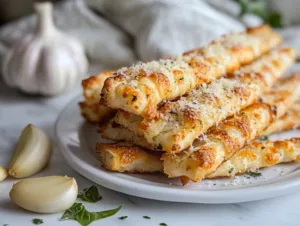 A stack of warm, golden breadsticks on a white plate, sprinkled with Parmesan cheese, displayed on a white marble counter with garlic cloves nearby for ambiance.