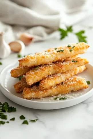 A stack of warm, golden breadsticks on a white plate, sprinkled with Parmesan cheese, displayed on a white marble counter with garlic cloves nearby for ambiance.