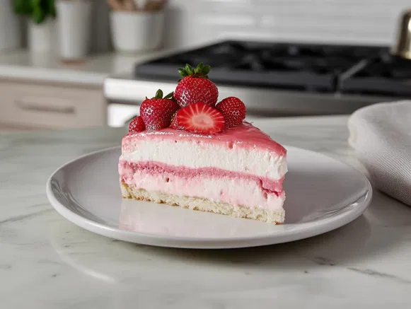 A slice of Strawberry Delight is served on a plate over the white marble cooktop, showcasing its colorful layers and creamy texture.