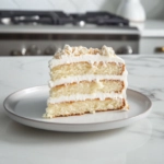 A slice of the beautifully frosted Italian Cream Cake is served on a dessert plate, set on the white marble cooktop, ready to enjoy.