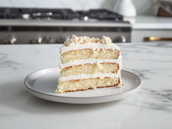 A slice of the beautifully frosted Italian Cream Cake is served on a dessert plate, set on the white marble cooktop, ready to enjoy.