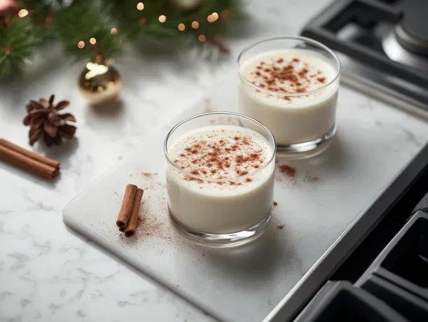 The Coquito is being poured into small glasses on the white marble cooktop, each topped with a sprinkle of cinnamon. The creamy, spiced holiday drink is ready to be enjoyed.