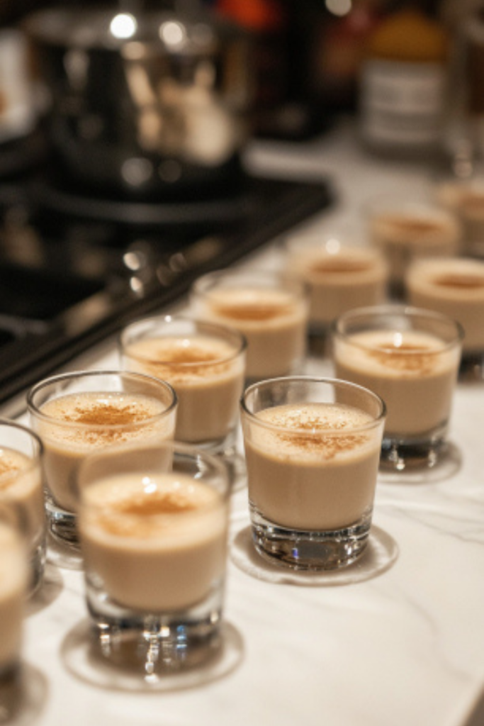 The Coquito is being poured into small glasses on the white marble cooktop, each topped with a sprinkle of cinnamon. The creamy, spiced holiday drink is ready to be enjoyed.