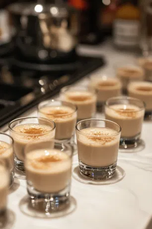 The Coquito is being poured into small glasses on the white marble cooktop, each topped with a sprinkle of cinnamon. The creamy, spiced holiday drink is ready to be enjoyed.