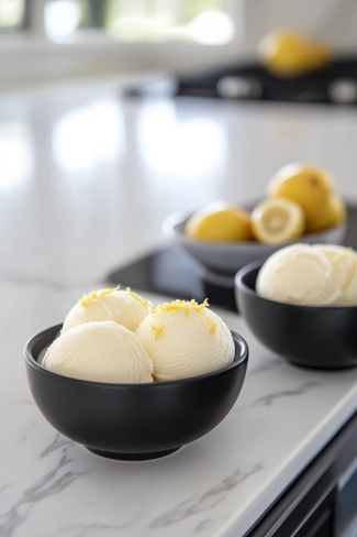 Scoops of lemon sorbet in black ceramic bowls on a white marble cooktop, garnished with fresh lemon zest for a colorful, refreshing presentation.