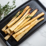 Honey-roasted parsnips are served on a black platter resting on the white marble cooktop. They glisten with honey and are garnished with thyme, ready to be enjoyed.