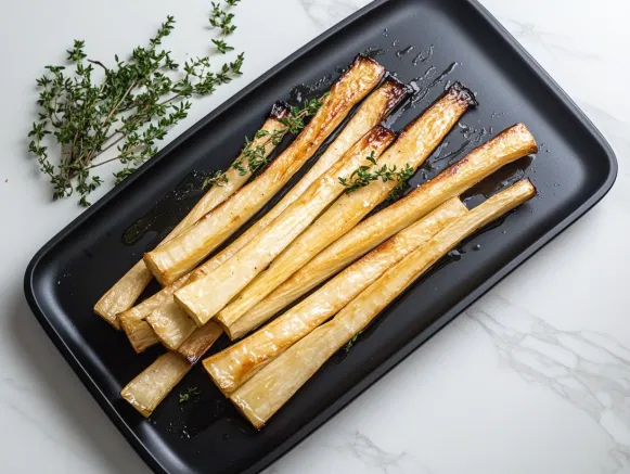 Honey-roasted parsnips are served on a black platter resting on the white marble cooktop. They glisten with honey and are garnished with thyme, ready to be enjoyed.