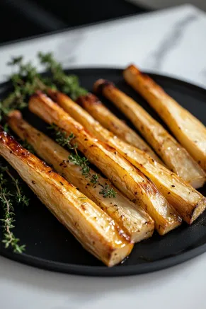 Honey-roasted parsnips are served on a black platter resting on the white marble cooktop. They glisten with honey and are garnished with thyme, ready to be enjoyed.