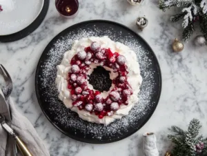 The Christmas Pavlova Wreath is beautifully garnished and served on a black platter placed on a white marble cooktop, with a dusting of icing sugar completing the festive presentation.