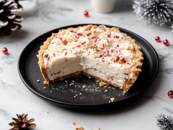 A chilled White Christmas Pie is served on a black plate resting on the white marble cooktop. A slice is cut, revealing the light, creamy layers inside.