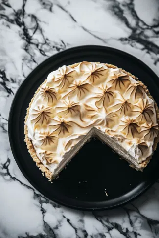 A chilled White Christmas Pie is served on a black plate resting on the white marble cooktop. A slice is cut, revealing the light, creamy layers inside.