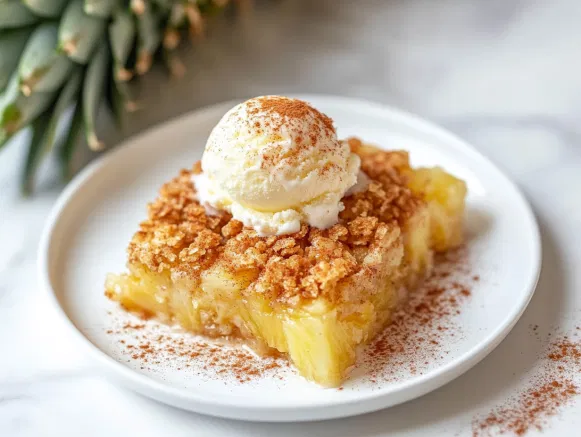 A small white plate with a serving of pineapple crisp, topped with a scoop of vanilla ice cream, placed on a white marble counter with a light sprinkle of cinnamon nearby.