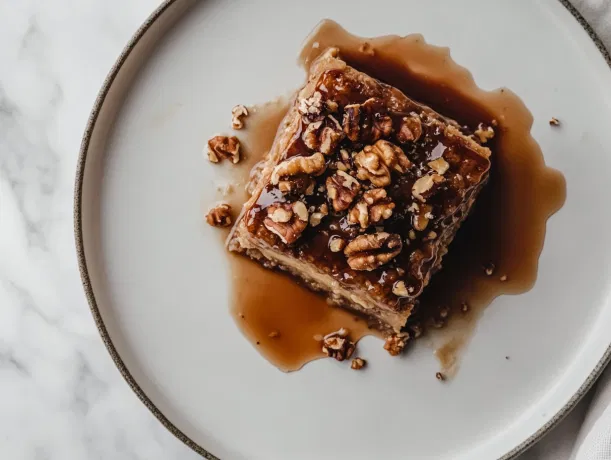 A slice of warm pudding on a plate, topped with extra toffee sauce and optional chopped walnuts, ready to be enjoyed.