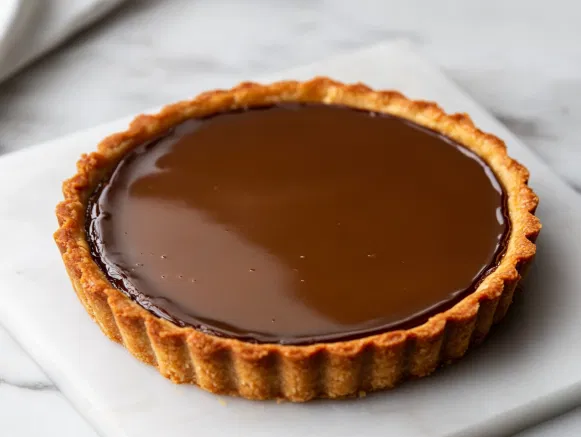 The completed tart on the white marble countertop after refrigeration, showcasing its smooth ganache and golden caramel layers, ready to be served.