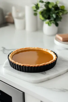 The completed tart on the white marble countertop after refrigeration, showcasing its smooth ganache and golden caramel layers, ready to be served.