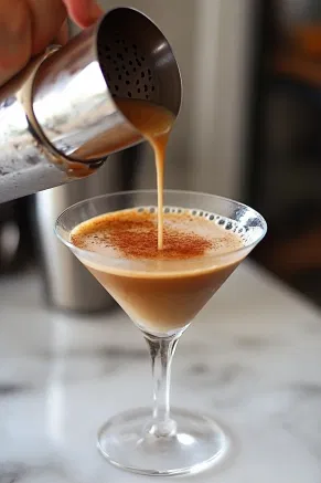 A cocktail shaker being shaken vigorously on the white marble countertop, then strained into the rimmed martini glass, resulting in a smooth and frothy drink.