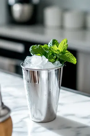 A cocktail shaker filled with ice is positioned on the white marble cooktop as vanilla vodka, crème de menthe, and peppermint schnapps are poured in. The shaker is sealed, prepared for a vigorous shake to chill the mixture.