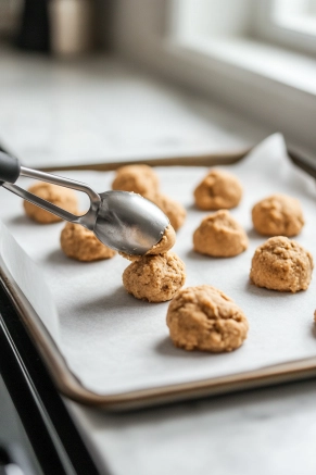 A cookie scoop portions dough balls onto a parchment-lined baking sheet resting on the white marble cooktop. The evenly spaced dough balls are prepped for the next step.