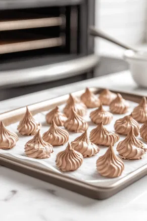 The chocolate meringue mixture is spooned onto a lined baking sheet on the white marble cooktop, shaped with a slightly raised edge. The meringue is ready to be baked for 1 hour to 1 hour 15 minutes and cooled completely in the oven.