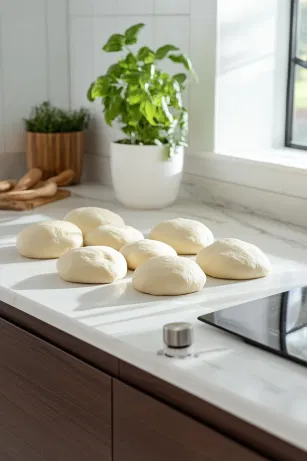 The risen dough is divided into 8 pieces on the white marble cooktop. Each piece is shaped into a ball, with a finger creating a hole in the center, gently stretched to 1.5–2 inches in diameter.