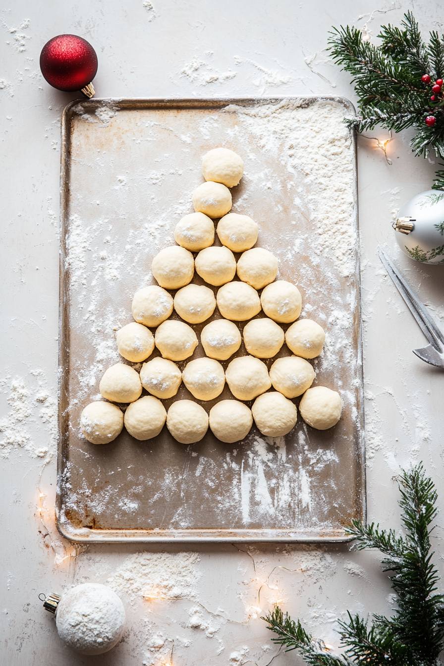 A parchment-lined baking sheet on a white marble cooktop with dough balls carefully arranged into a Christmas tree shape. The balls touch, forming a festive, cohesive design