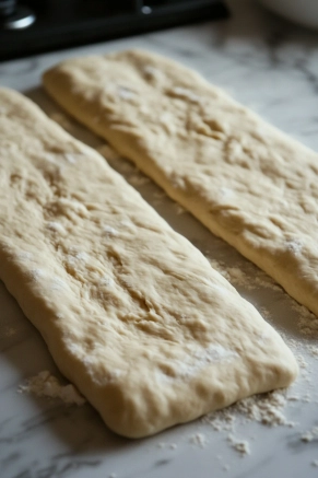 A floured surface on the white marble cooktop displays refrigerated pizza dough rolled out into two long rectangles. The dough is ready to be cut into uniform 2-inch squares.