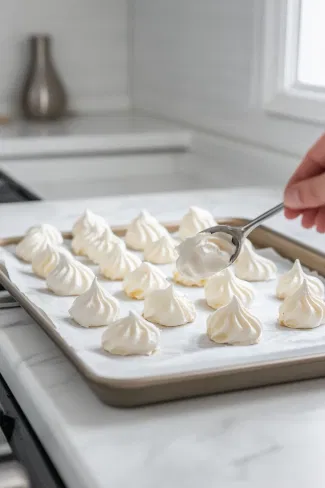 The meringue mixture is spooned onto a parchment-lined baking sheet on the white marble cooktop. It is shaped into a round with raised edges, forming a nest-like structure, ready to go into the oven.