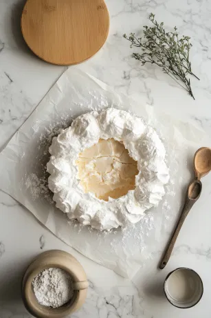 The meringue spooned onto a parchment-lined tray on the white marble cooktop, shaped carefully into a ring with a shallow trench in the center, prepared to hold cream and fruit filling.