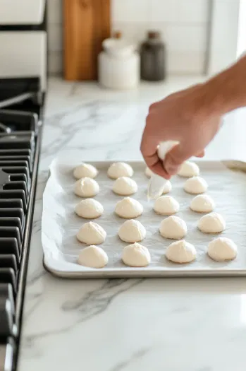 A tray of piped macaron batter resting for 20 minutes on the white marble cooktop, drying before baking