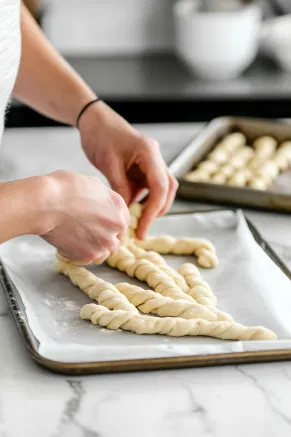 Hands shaping dough into 6-inch ropes on a white marble countertop, with a parchment-lined baking sheet visible in the background.