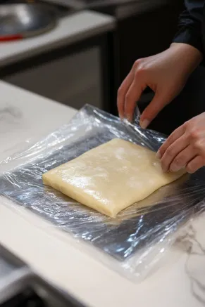 Shortbread dough is being shaped into a rectangular block on plastic wrap over the white marble cooktop. The smooth dough is ready to be wrapped.