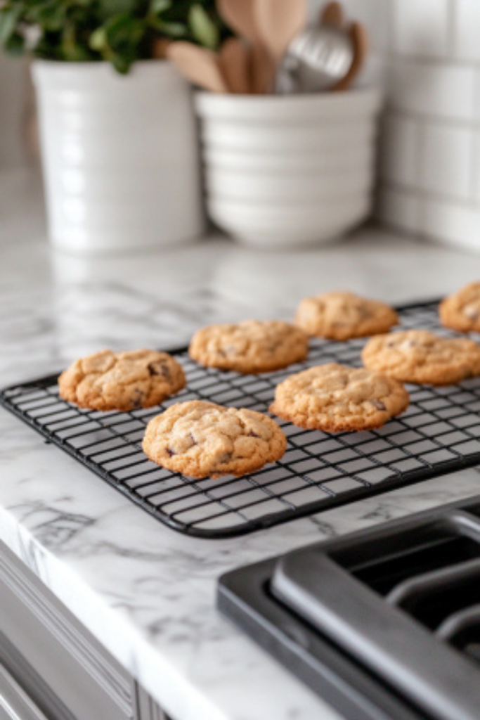 Freshly baked shortbread cookies are cooling on a black wire rack placed over the white marble cooktop, ready to be enjoyed.