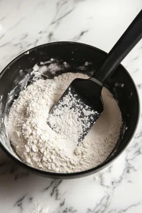 Plain flour being sifted into the chocolate and egg mixture in a black mixing bowl on the white marble cooktop, with a black spatula folding the ingredients together carefully.