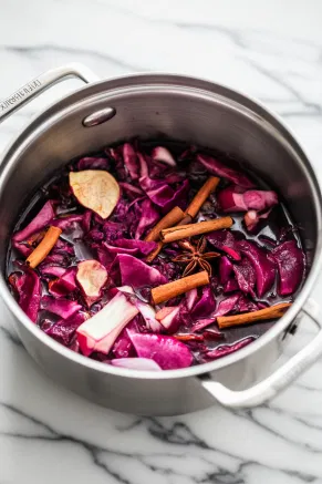 The pot on the white marble countertop simmering on medium-low heat, with the rich purple liquid and spices infusing their flavors.