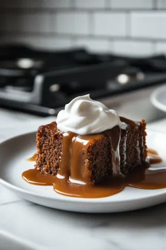 A slice of sticky toffee pudding served on a plate on the white marble countertop, topped with a generous drizzle of toffee sauce and a dollop of vegan whipped cream.