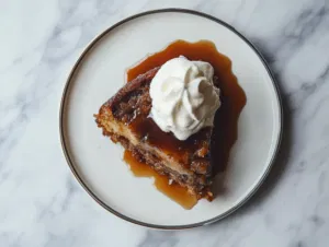 A slice of sticky toffee pudding served on a plate on the white marble countertop, topped with a generous drizzle of toffee sauce and a dollop of vegan whipped cream.