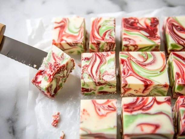 A block of fully set fudge is lifted from the pan using parchment paper and placed on the white marble cooktop. A sharp knife slices through, creating clean squares. Each piece showcases a festive swirl of red, green, and white, perfect for holiday serving.