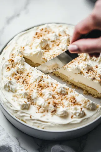 One of the cooled cakes is on the white marble cooktop, being carefully sliced horizontally with a serrated knife to create even layers.