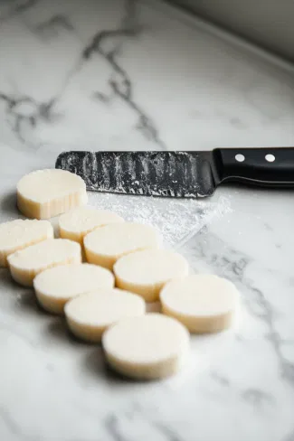 A black serrated knife slicing a cake into precise 1 cm thick pieces on the white marble cooktop. Circular cake slices, slightly larger than the mold bases, are ready for assembly.