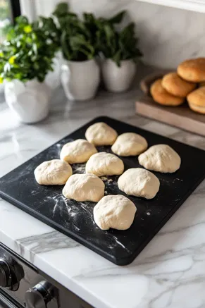 The chilled dough is being sliced into ½-inch slices with a black knife on a black cutting board over the white marble cooktop. Each slice is even and ready for baking.