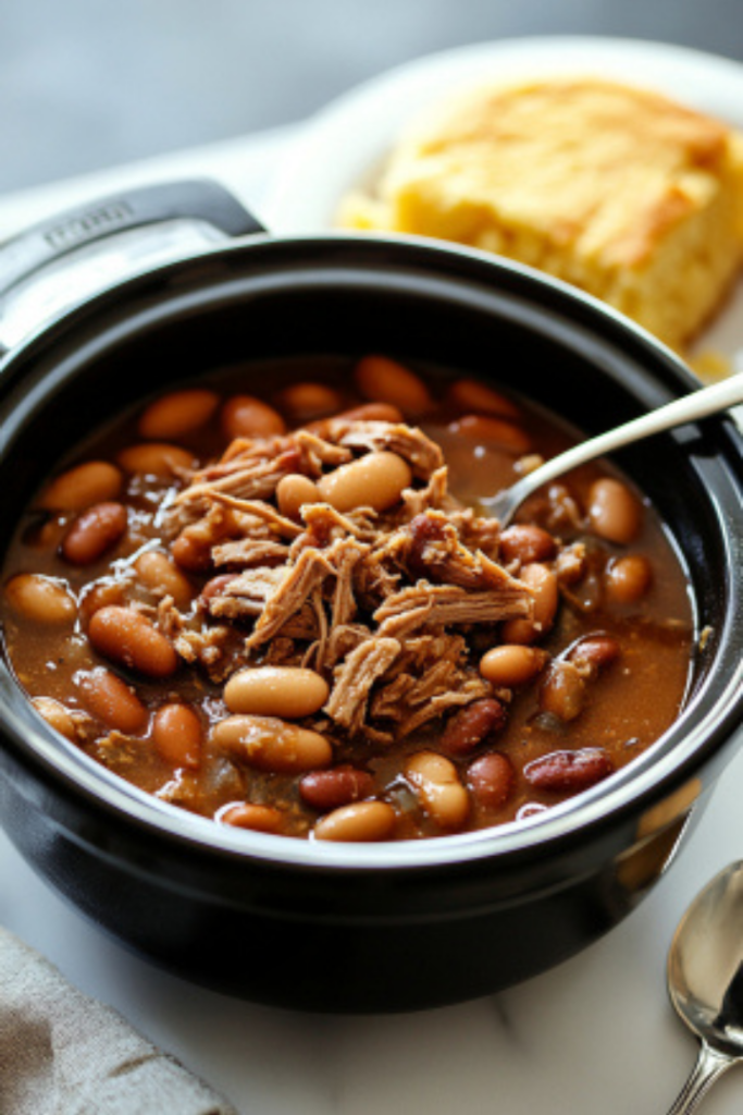 A ladle serves tender beans and shredded meat from the black slow cooker on the white marble cooktop into a bowl, accompanied by golden cornbread and a spoon, ready to enjoy.