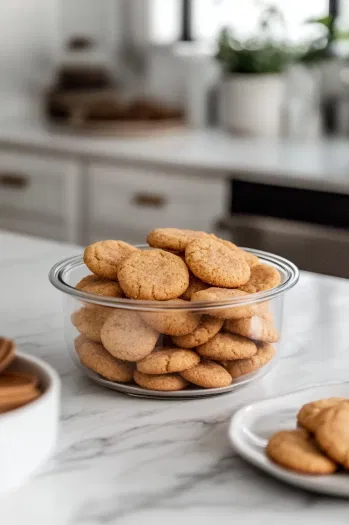 A container filled with freshly baked snickerdoodle cookies, stored airtight to maintain freshness for up to 7 days.