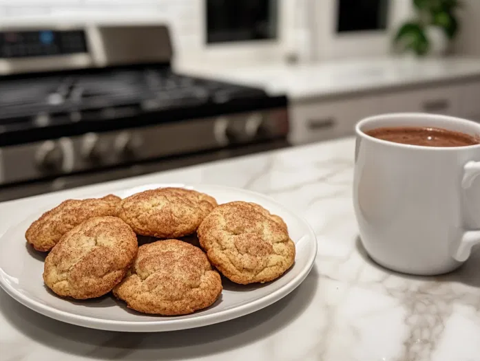 A container filled with freshly baked snickerdoodle cookies, stored airtight to maintain freshness for up to 7 days.