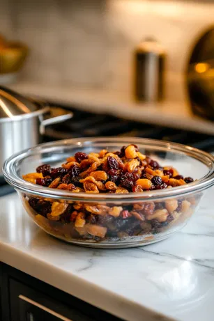 A large glass bowl with a lid sits on the white marble cooktop, filled with an assortment of dried fruits: raisins, sultanas, currants, dried cranberries, candied peel, and halved glacé cherries. Rum is poured over the mixture, ensuring the fruit will absorb the rich, boozy flavors overnight.