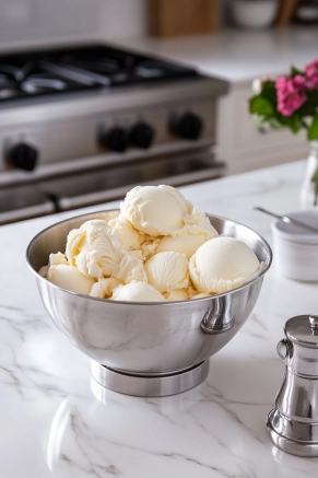 A large mixing bowl sits on the white marble cooktop, containing slightly softened vanilla ice cream, ready to be mixed with additional ingredients.