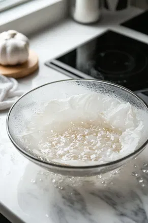 A rice paper wrapper being dipped into a shallow bowl of warm water on the white marble cooktop, softening for assembly.