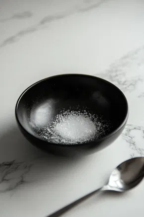 A small black bowl on a white marble cooktop with unflavored gelatin being sprinkled over cold water. The gelatin begins to soften while a spoon rests nearby.