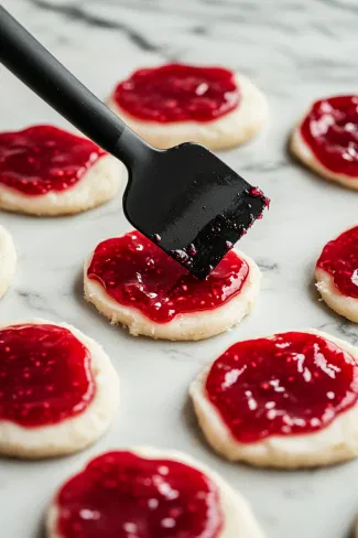 A small black spatula evenly spreading raspberry jam over the prepared cake circles on the white marble cooktop, creating a glossy, even coating.