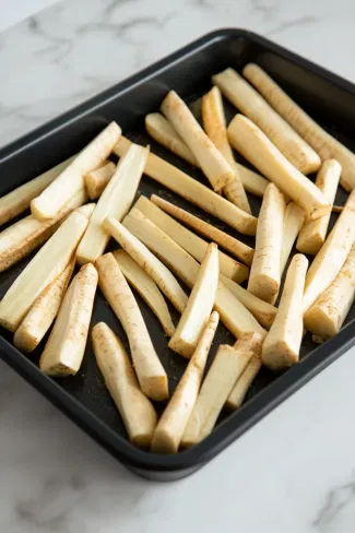 Parsnips are spread out in a single layer in a black roasting tin on the white marble cooktop, with no pieces touching each other to ensure even roasting.